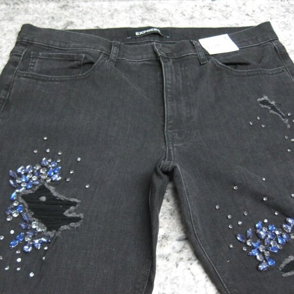 High Rise Black Embellished Ripped Ankle Jeans Size 10 Express NWT $128 - Picture 3 of 13